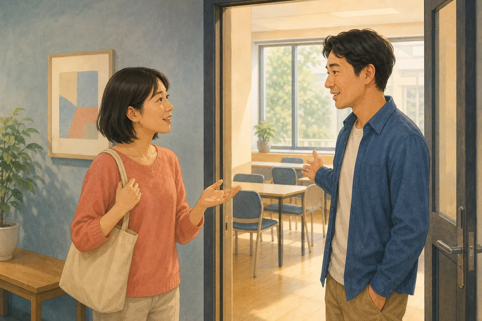 Two adults talking near a classroom doorway, with one asking a question.