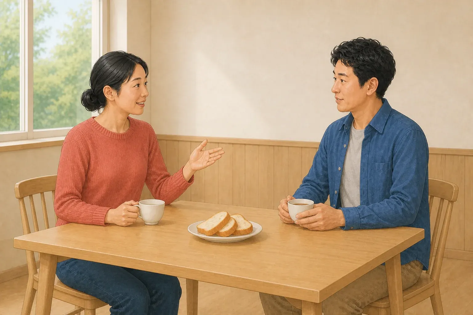 The recurring woman and man talk across a simple table with bread and cups of tea.