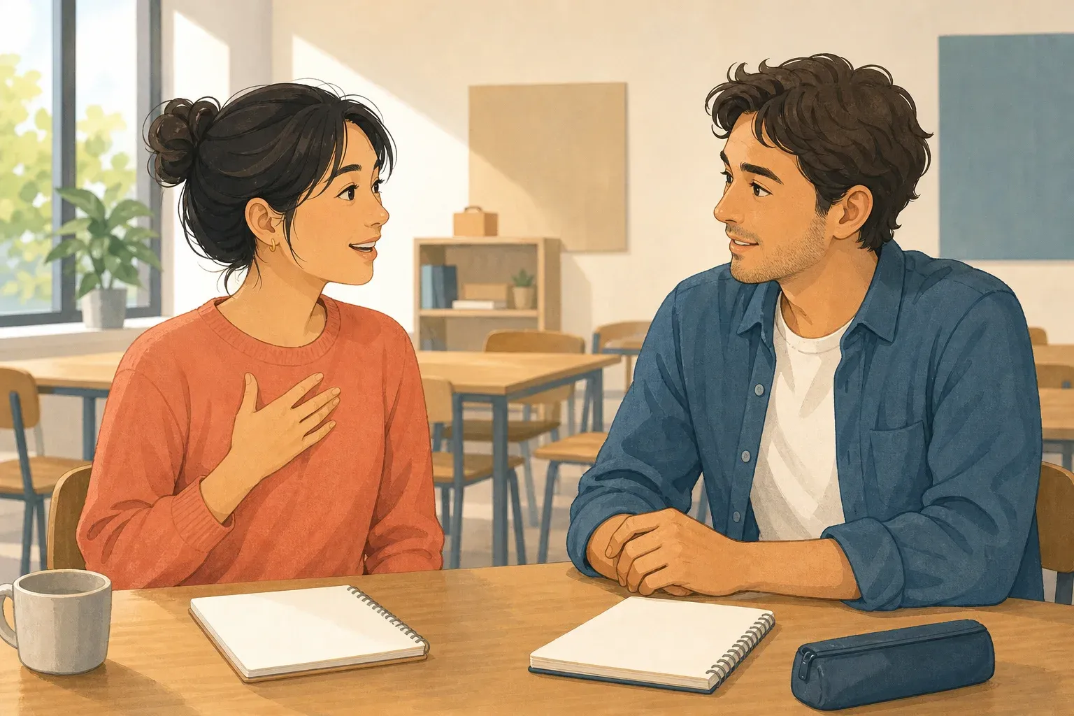 Two adult learners introducing themselves across a table in a language classroom.