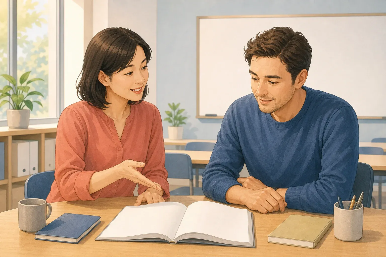 An adult teacher guiding a learner through an open book in a language classroom.
