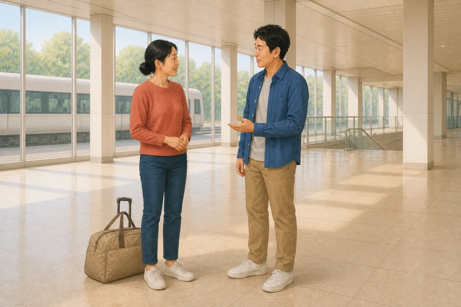 The recurring woman and man talk beside a travel bag in a quiet station concourse.