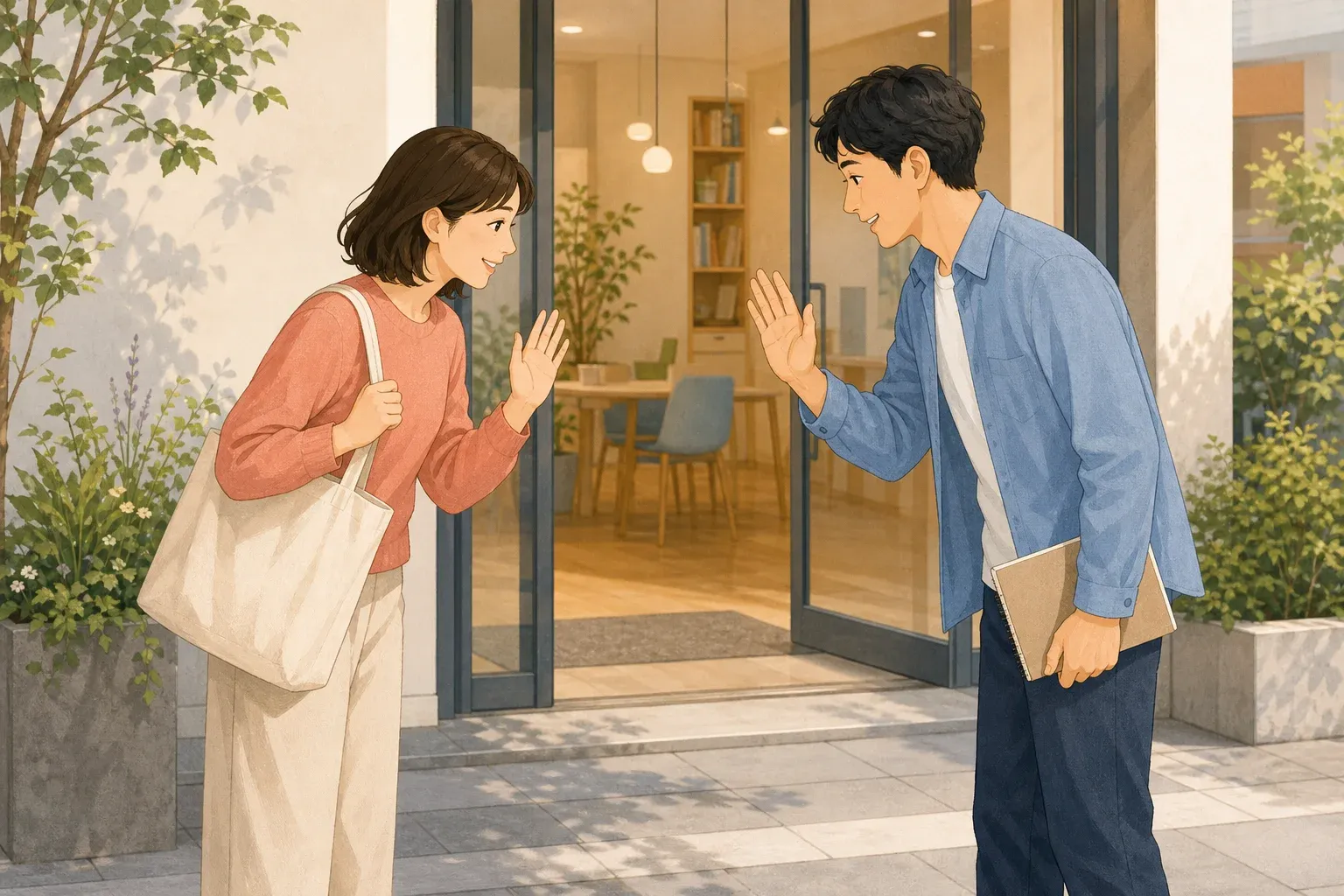 Two adults greeting each other near the entrance of a learning space.