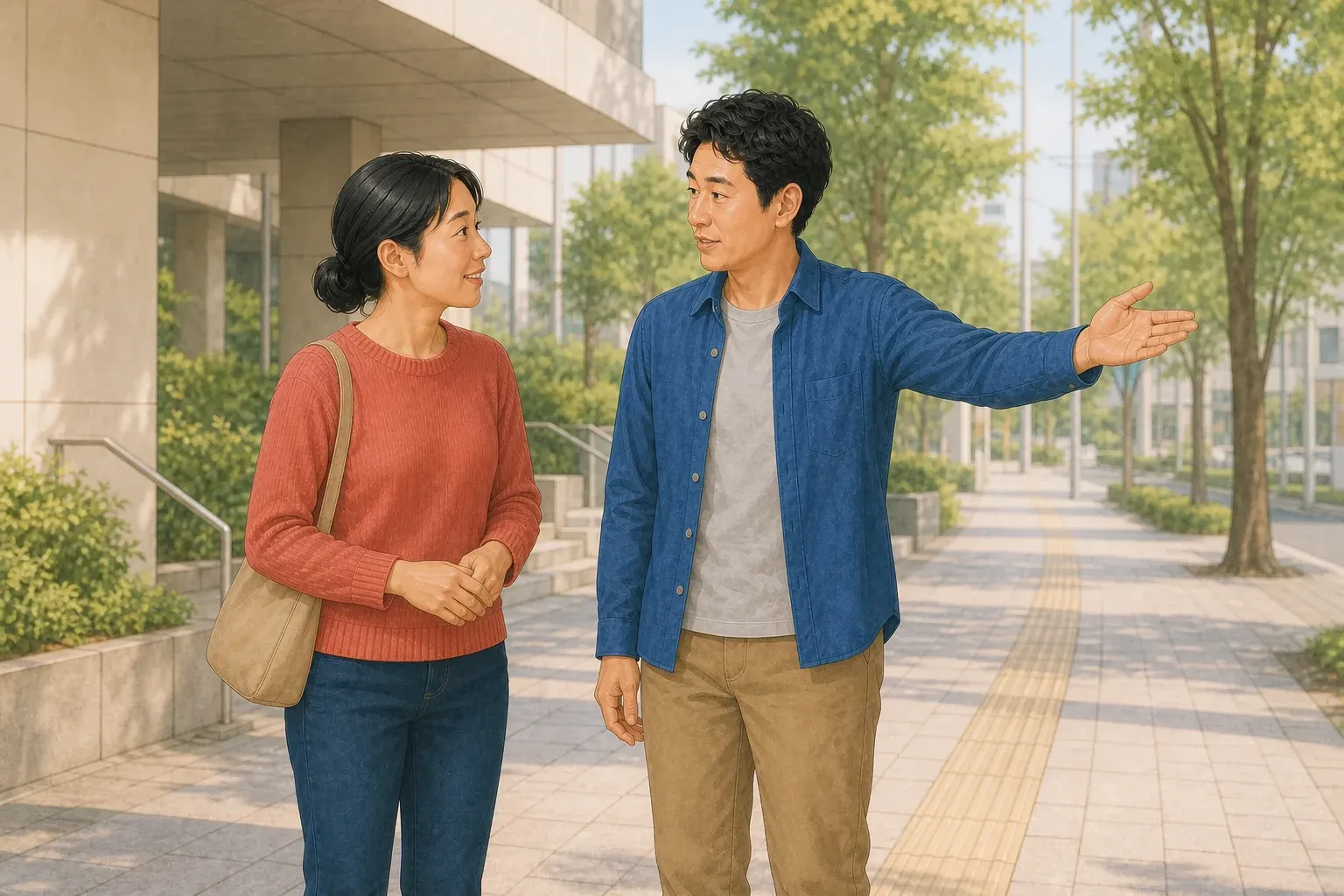 The recurring woman and man talk while he gestures along a quiet city sidewalk.