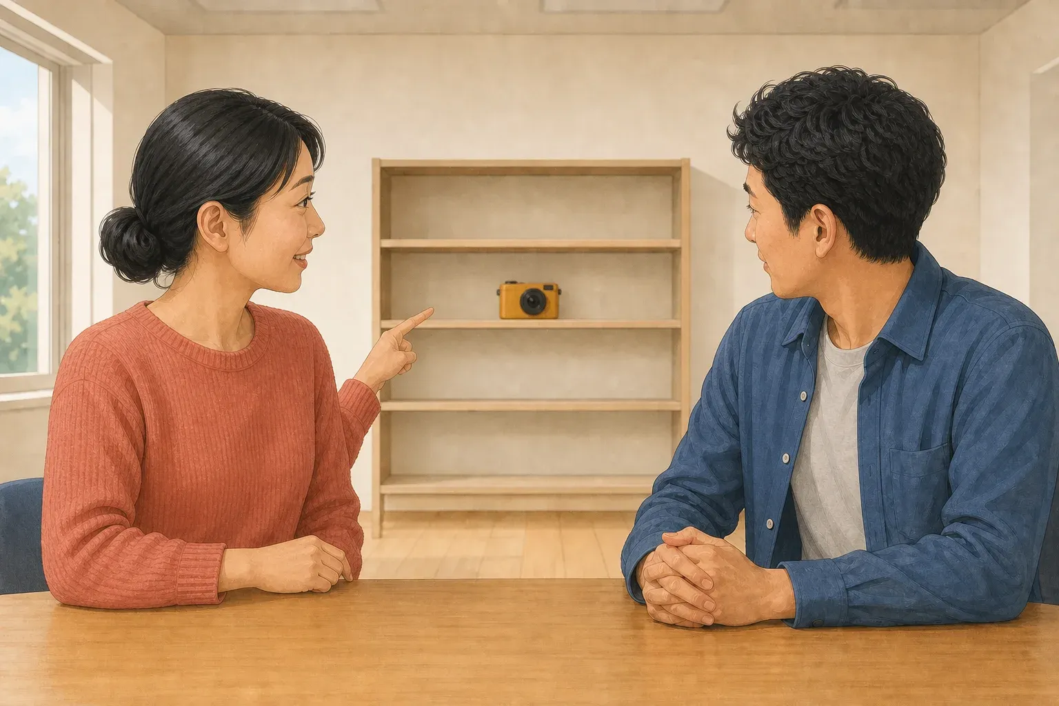 A woman and man look toward a yellow camera on a shelf across the room.