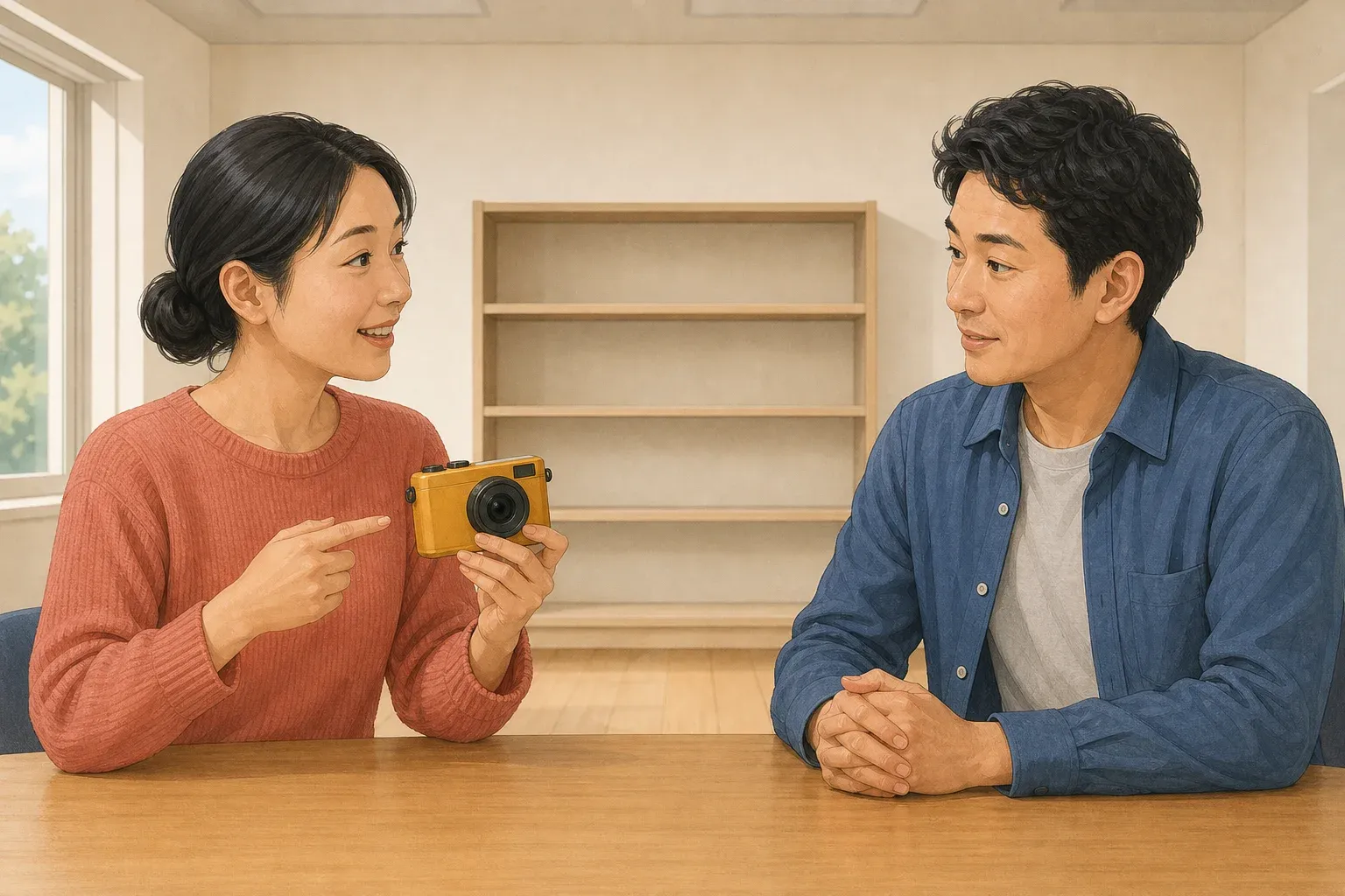 A woman holds a yellow camera near herself while a man listens across the table.