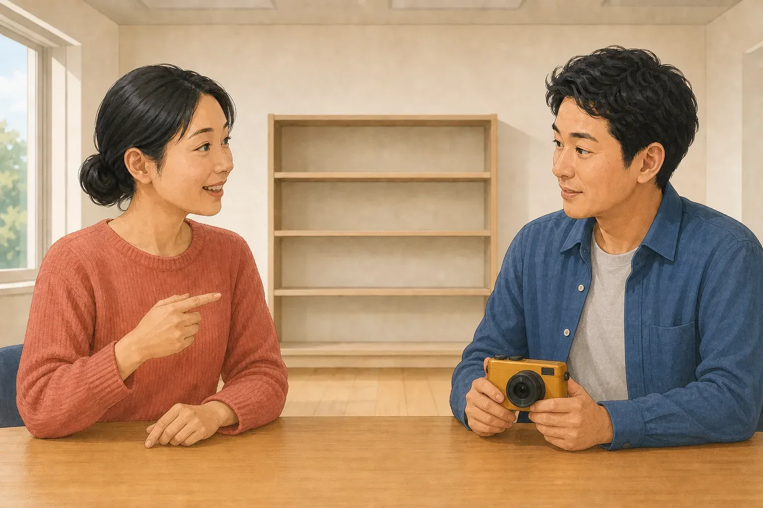 A woman refers to a yellow camera held by the man across the table.