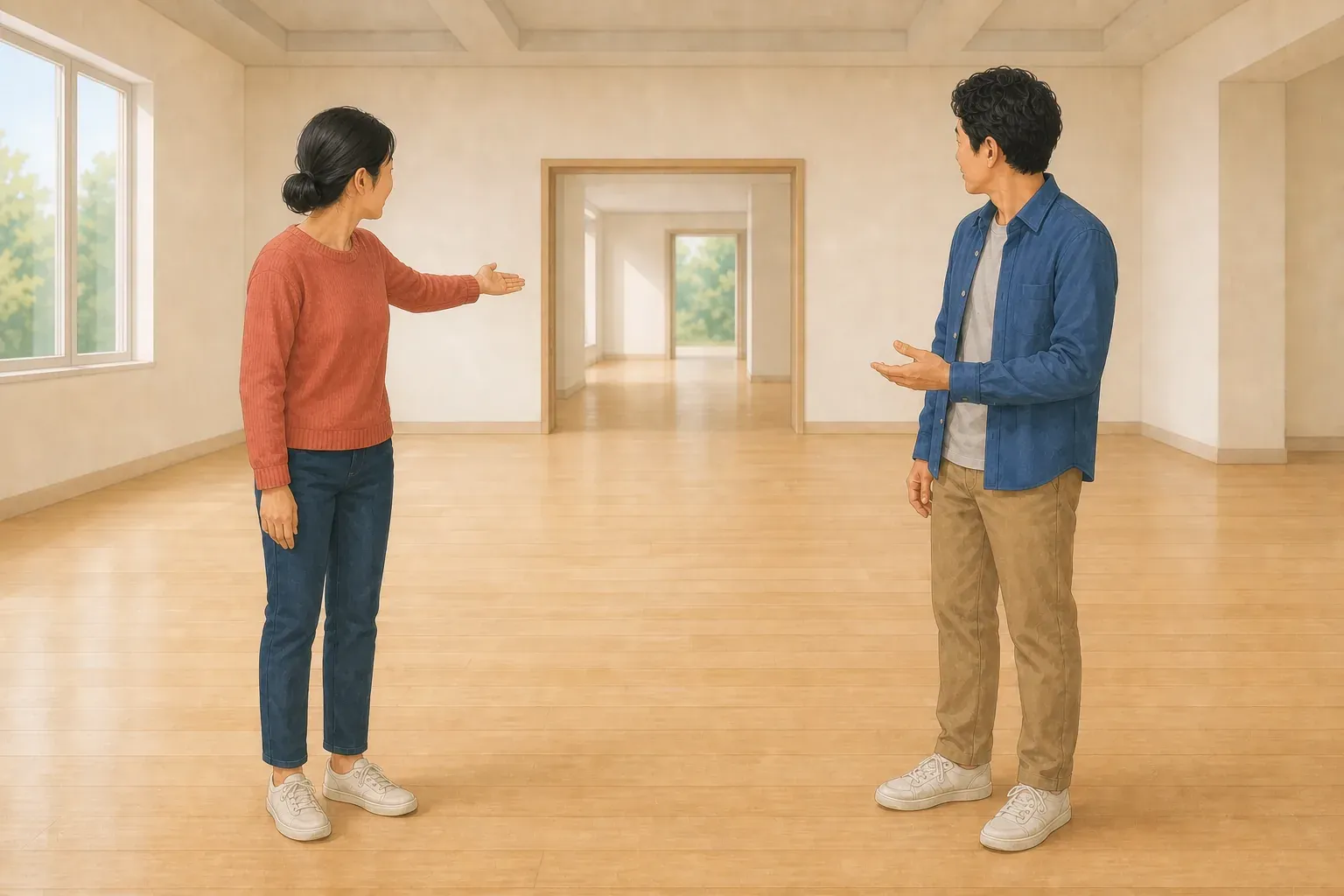 The woman points toward a distant doorway across the room while the man looks that way.