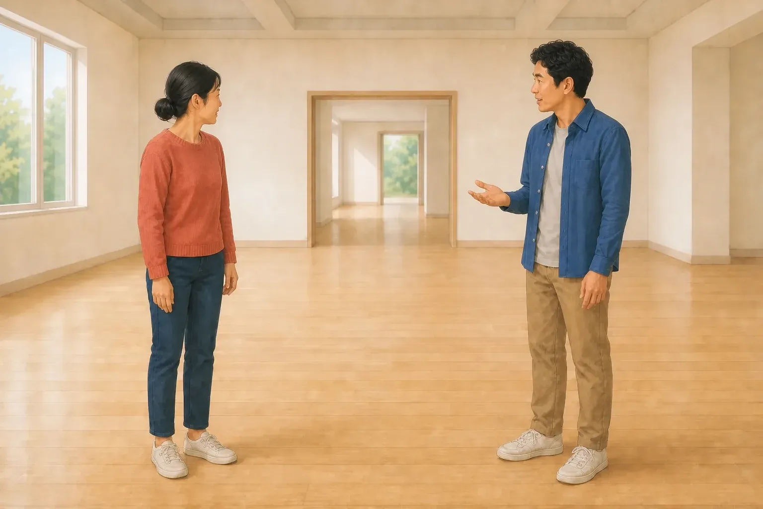 The man asks the woman a question with a distant doorway visible behind them.