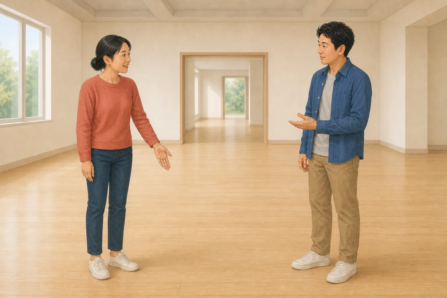 The woman gestures down toward the open floor beside herself while the man listens.