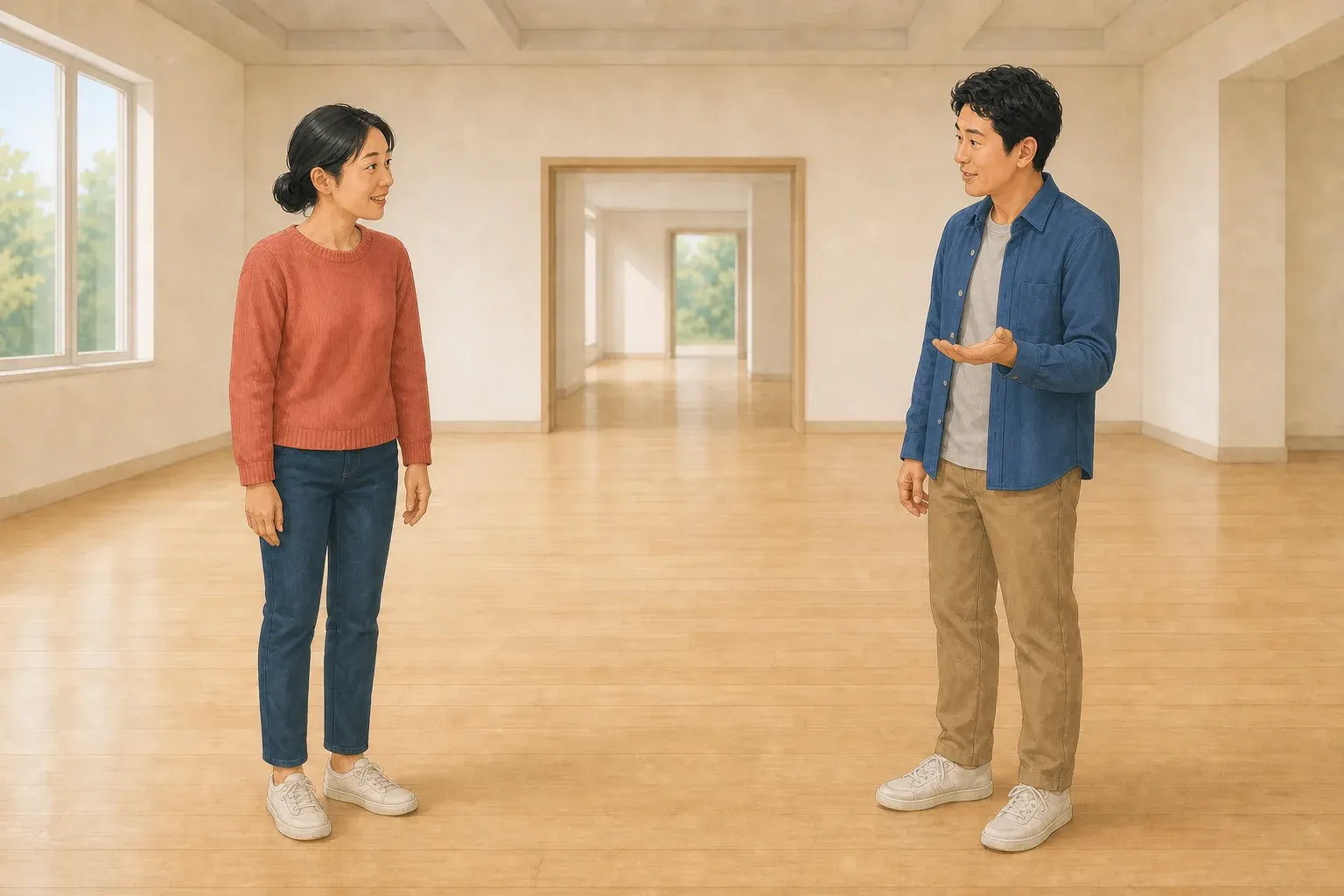 The man gestures while speaking to the woman in an open room.