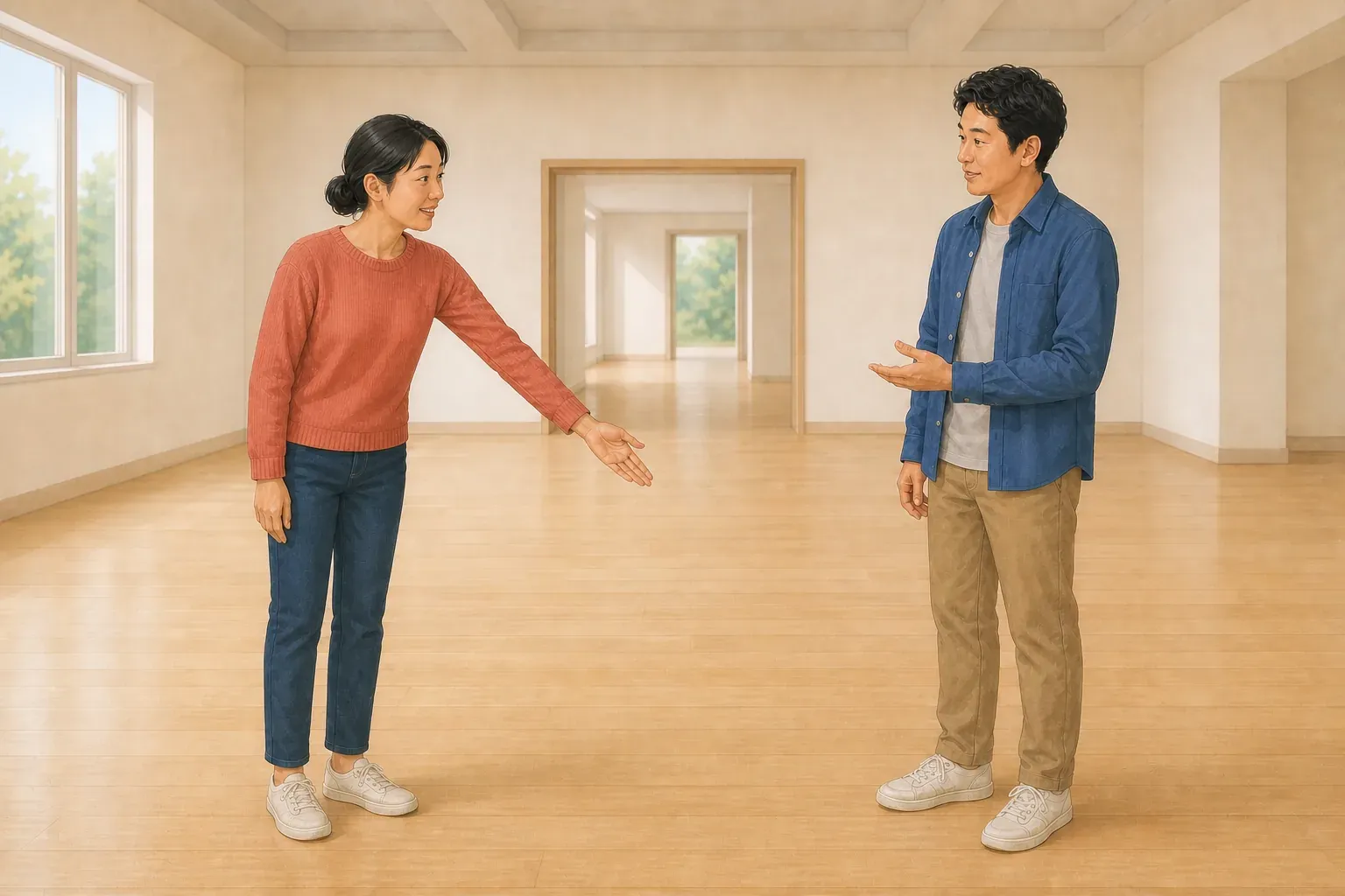 The woman gestures down toward the open floor beside the man while he listens.