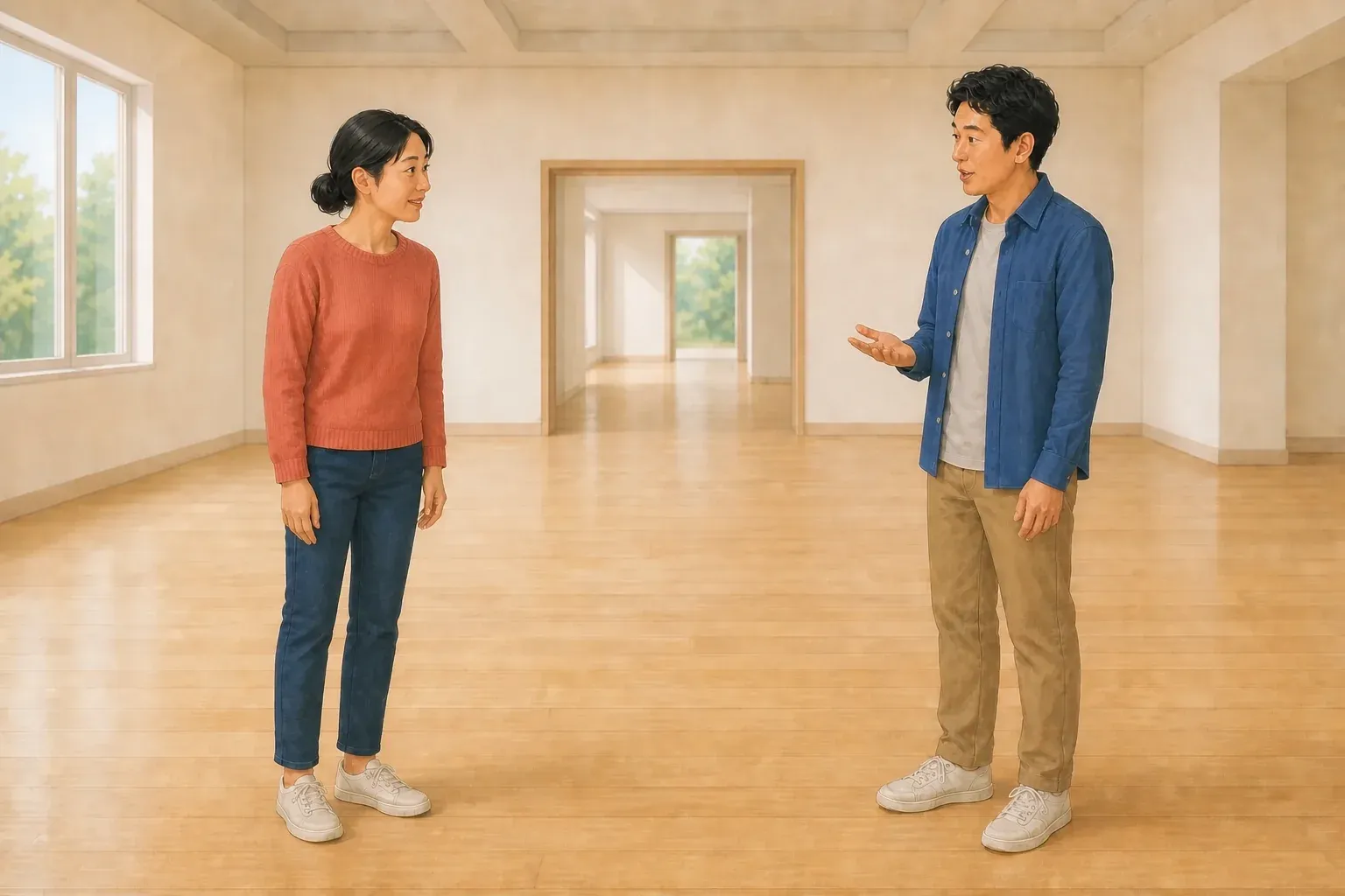 The man gestures while speaking to the woman in the same open room.